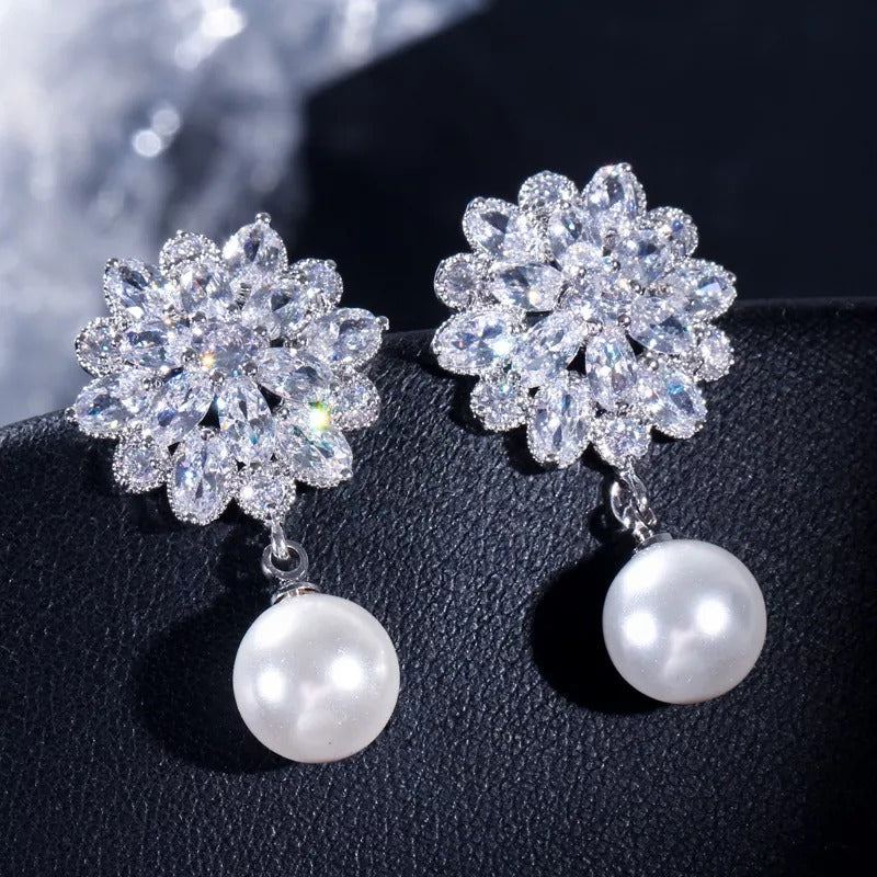 Cubic Zircon Pearl Flower Earrings