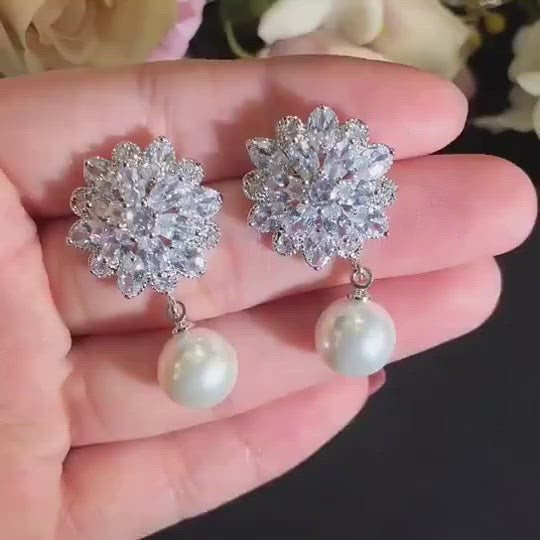 Cubic Zircon Pearl Flower Earrings